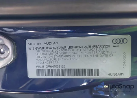 2017 Audi S3 2.0T Premium Plus z USA, uszkodzony, nr VIN WAUB1GFF6H1032125